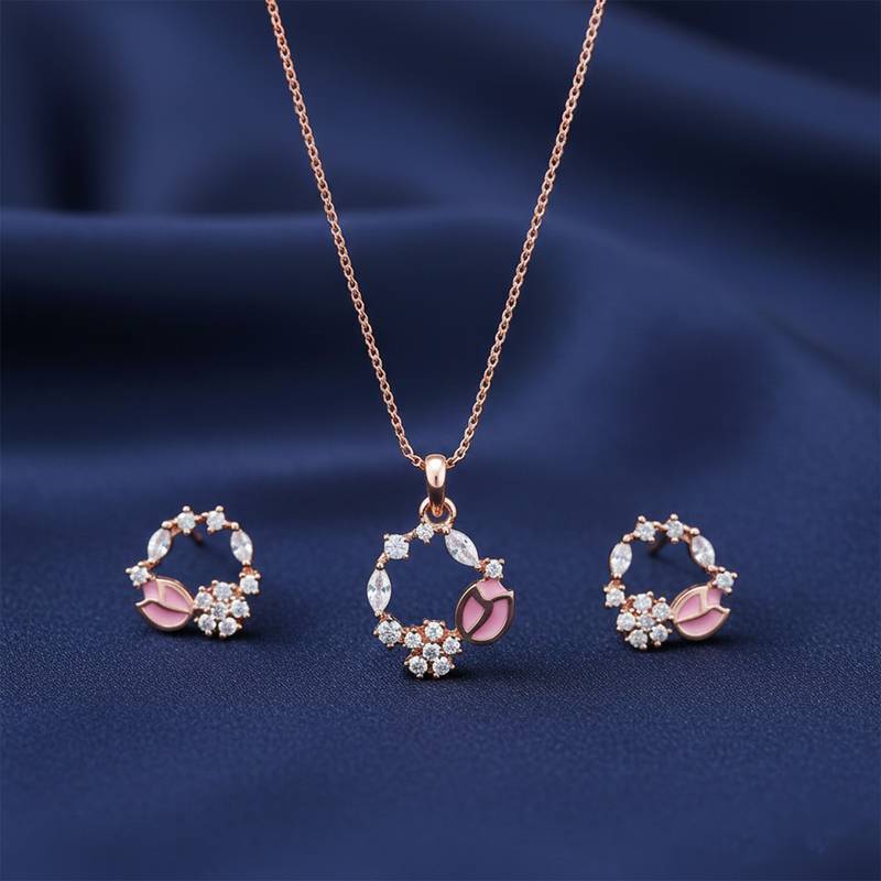 Latest stylish rose gold plated cz american diamond pendant necklace set with earrings for women