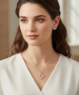 Latest stylish rose gold plated cz american diamond pendant necklace set with earrings for women 2