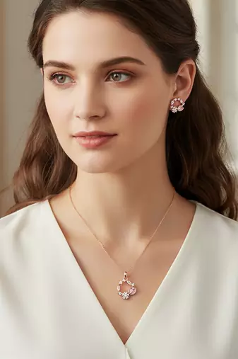 Latest stylish rose gold plated cz american diamond pendant necklace set with earrings for women