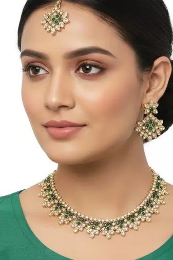 Gold plated traditional floral necklace set with earrings & maangtikka for women