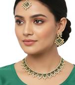 Gold plated traditional floral necklace set with earrings & maangtikka for women