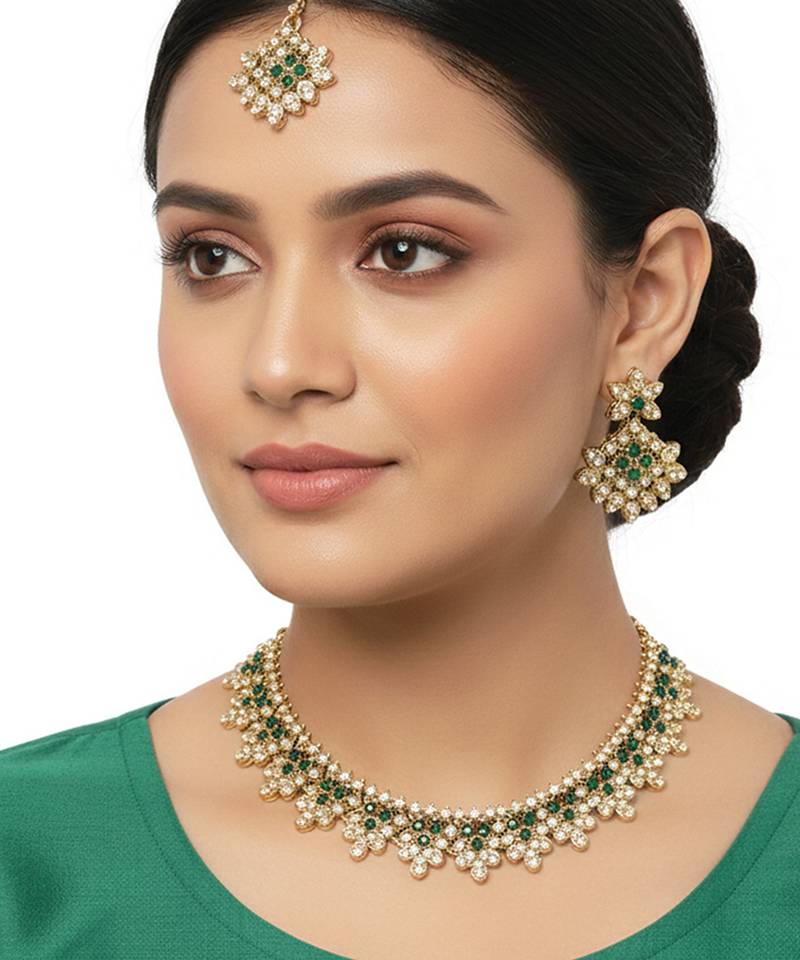 Gold plated traditional floral necklace set with earrings & maangtikka for women