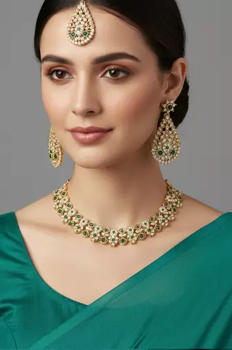 Gold plated traditional floral necklace set with earrings & maangtikka for women