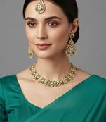 Gold plated traditional floral necklace set with earrings & maangtikka for women