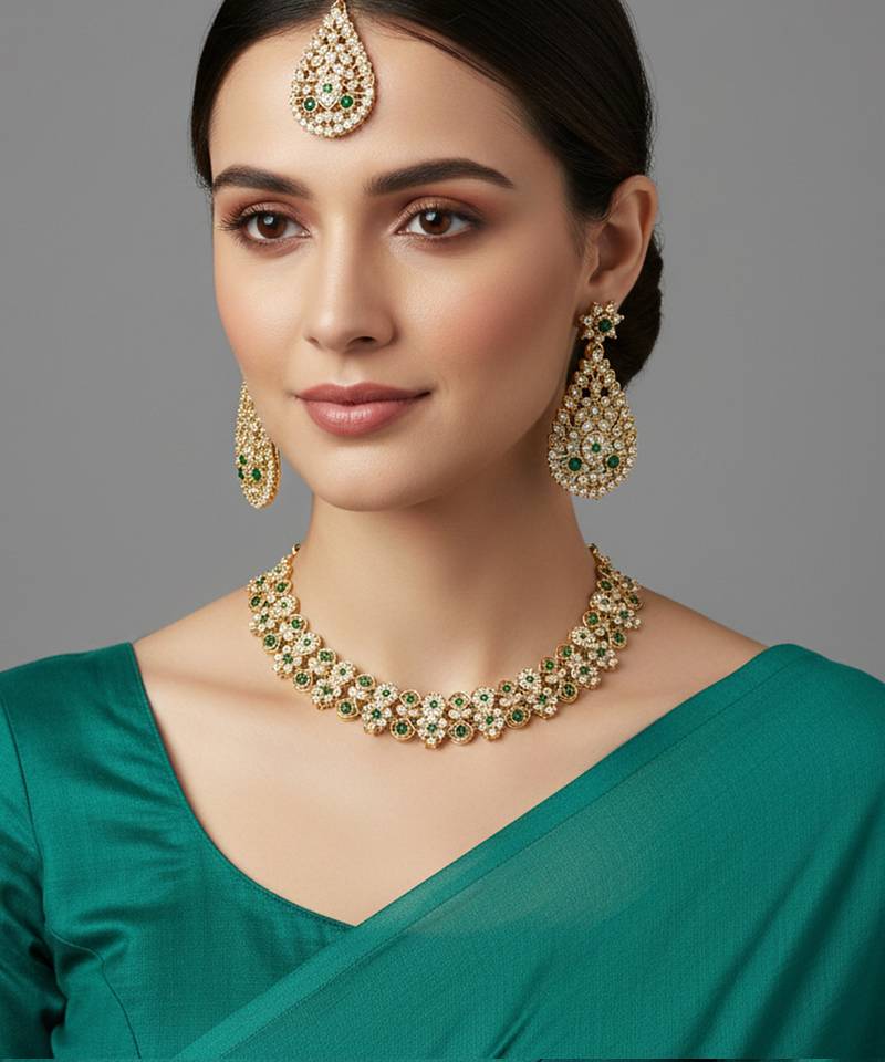 Gold plated traditional floral necklace set with earrings & maangtikka for women