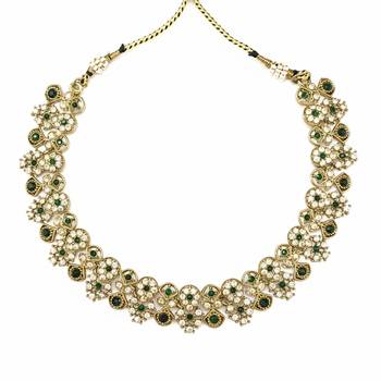 Gold plated traditional floral necklace set with earrings & maangtikka for women 3
