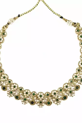 Gold plated traditional floral necklace set with earrings & maangtikka for women