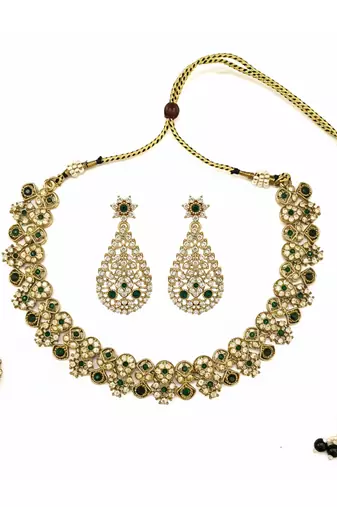 Gold plated traditional floral necklace set with earrings & maangtikka for women