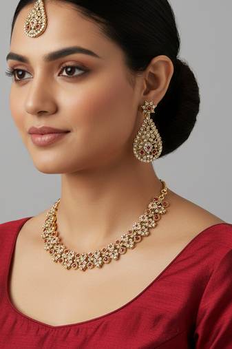 Gold plated traditional floral necklace set with earrings & maangtikka for women