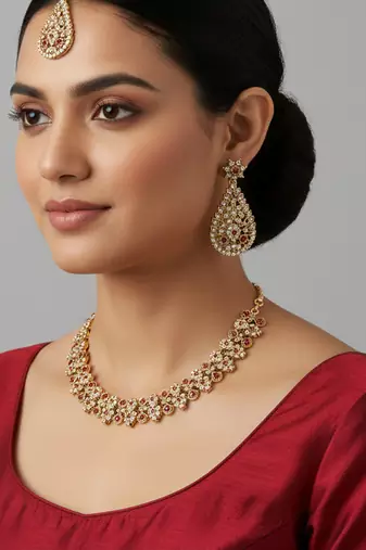 Gold plated traditional floral necklace set with earrings & maangtikka for women