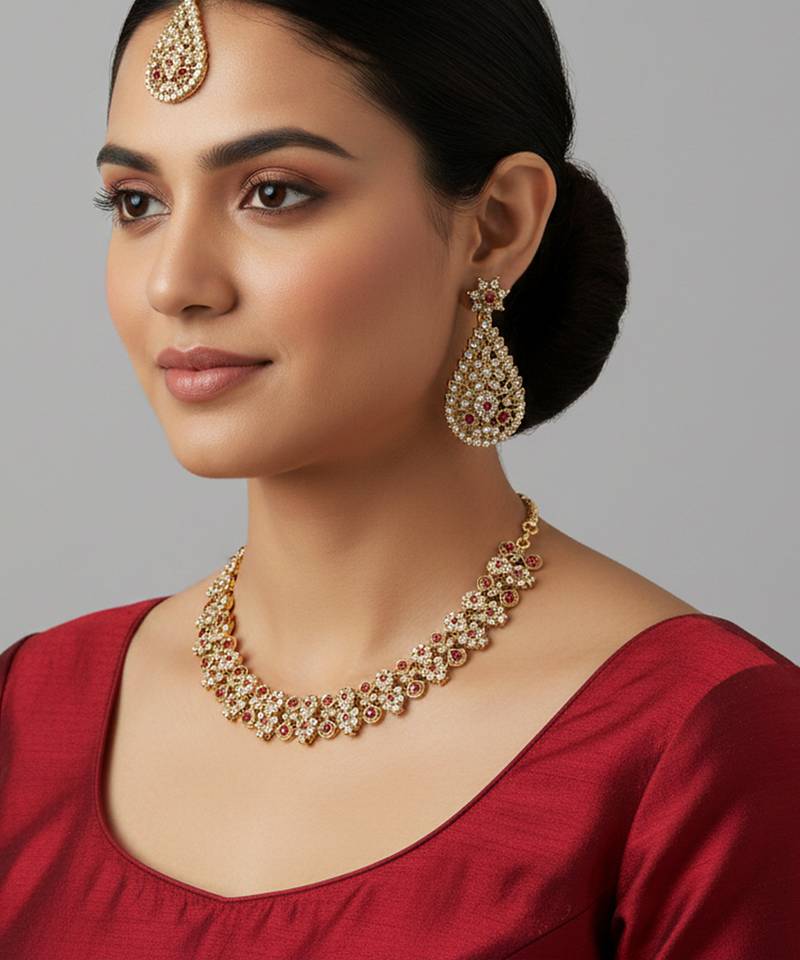 Gold plated traditional floral necklace set with earrings & maangtikka for women