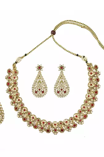 Gold plated traditional floral necklace set with earrings & maangtikka for women
