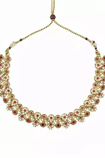 Gold plated traditional floral necklace set with earrings & maangtikka for women