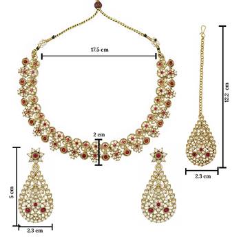 Gold plated traditional floral necklace set with earrings & maangtikka for women 5