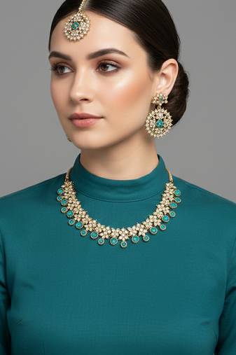 Gold plated traditional floral necklace set with earrings & maangtikka for women