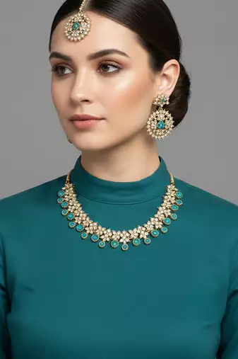 Gold plated traditional floral necklace set with earrings & maangtikka for women