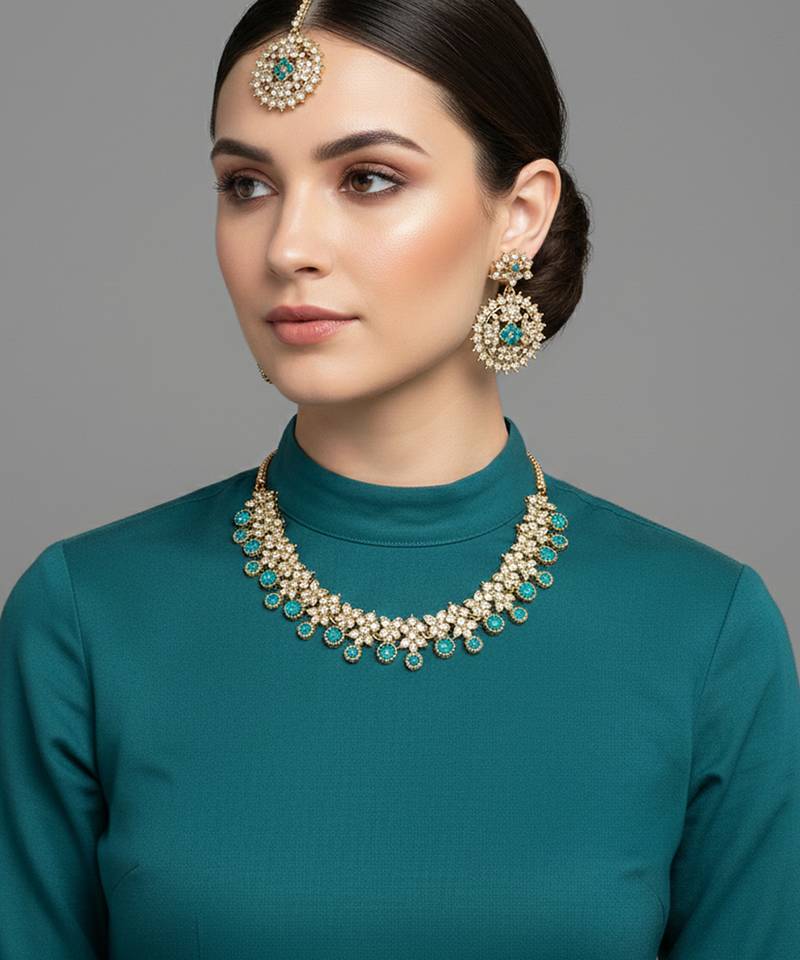 Gold plated traditional floral necklace set with earrings & maangtikka for women