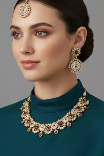 Gold plated traditional floral necklace set with earrings & maangtikka for women