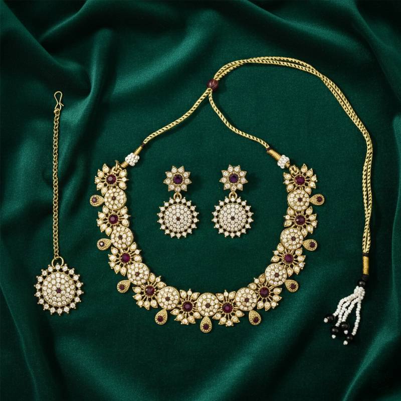 Gold plated traditional floral necklace set with earrings & maangtikka for women