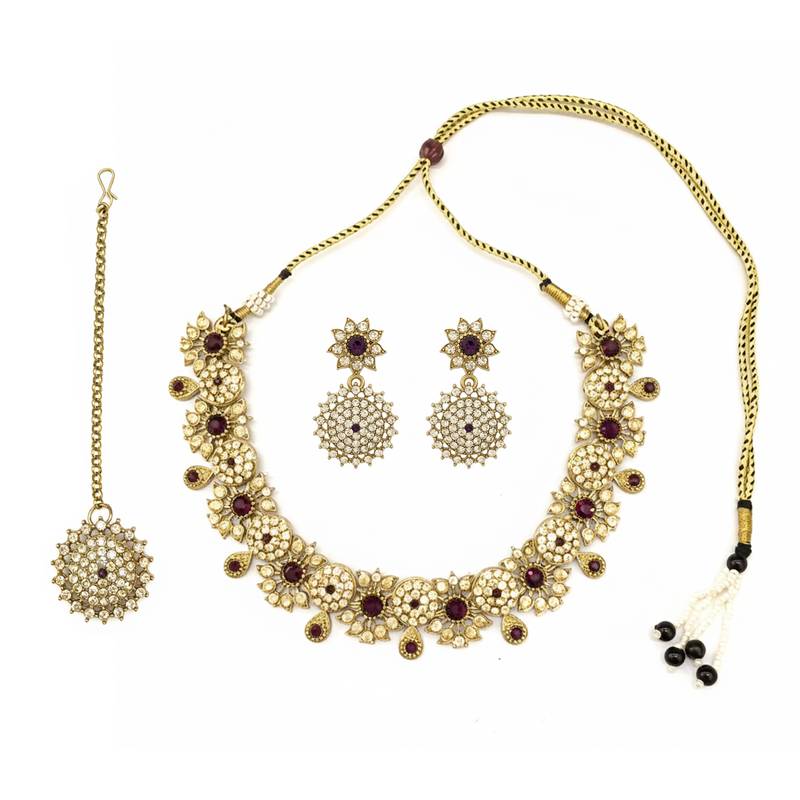 Gold plated traditional floral necklace set with earrings & maangtikka for women