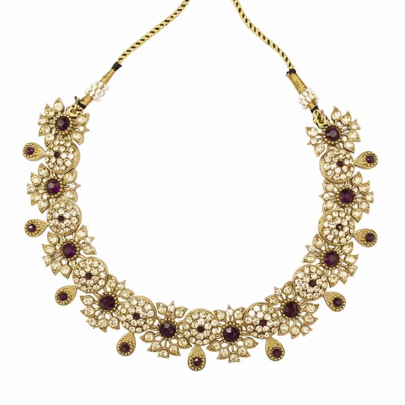Gold plated traditional floral necklace set with earrings & maangtikka for women