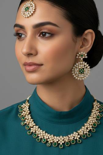 Gold plated traditional kundan-style necklace set with earrings & maangtikka
