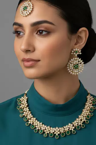 Gold plated traditional kundan-style necklace set with earrings & maangtikka