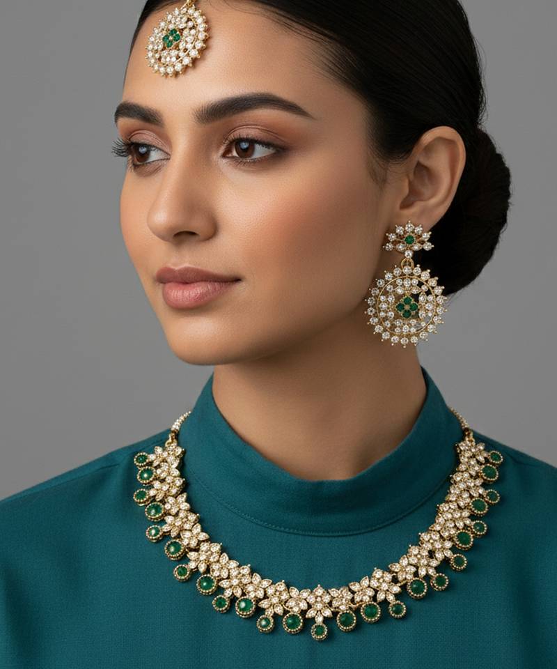 Gold plated traditional kundan-style necklace set with earrings & maangtikka