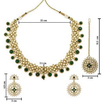 Gold plated traditional kundan-style necklace set with earrings & maangtikka 5