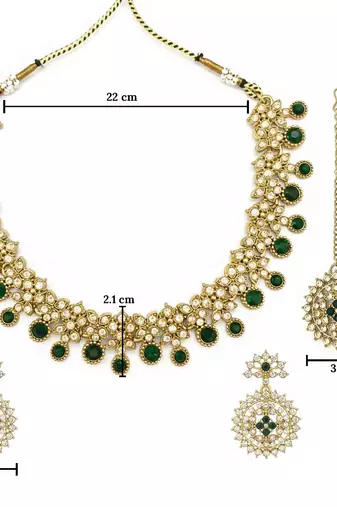 Gold plated traditional kundan-style necklace set with earrings & maangtikka