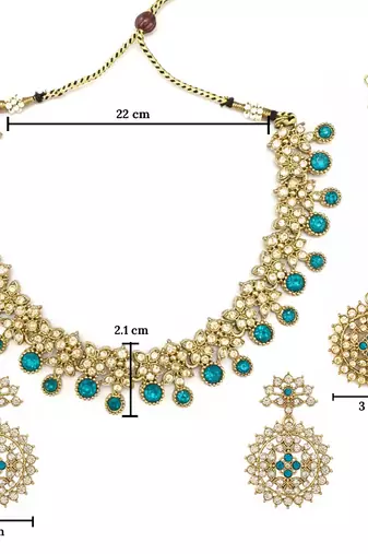 Gold plated traditional kundan-style necklace set with earrings & maangtikka