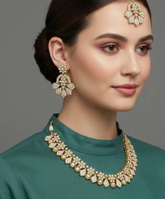 Gold plated traditional kundan-style necklace set with earrings & maangtikka 1