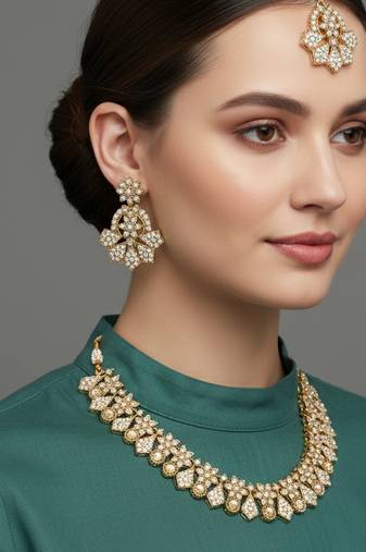 Gold plated traditional kundan-style necklace set with earrings & maangtikka
