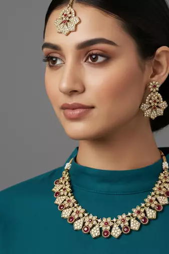 Gold plated traditional kundan-style necklace set with earrings & maangtikka