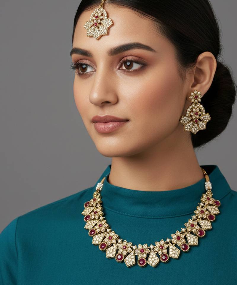 Gold plated traditional kundan-style necklace set with earrings & maangtikka