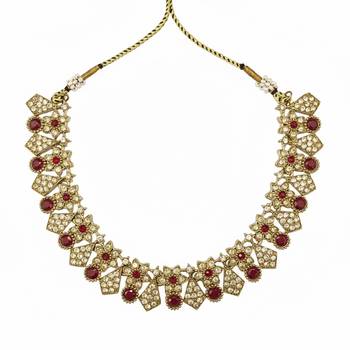 Gold plated traditional kundan-style necklace set with earrings & maangtikka 4