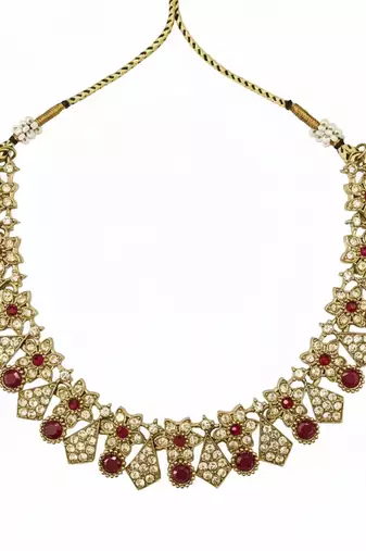 Gold plated traditional kundan-style necklace set with earrings & maangtikka