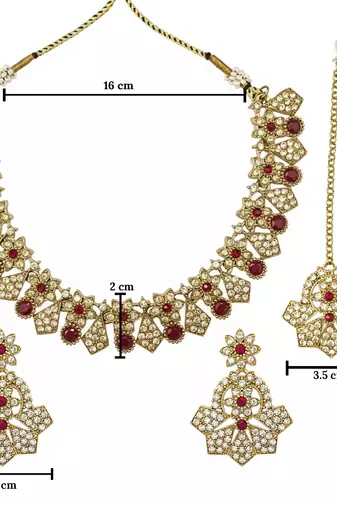 Gold plated traditional kundan-style necklace set with earrings & maangtikka