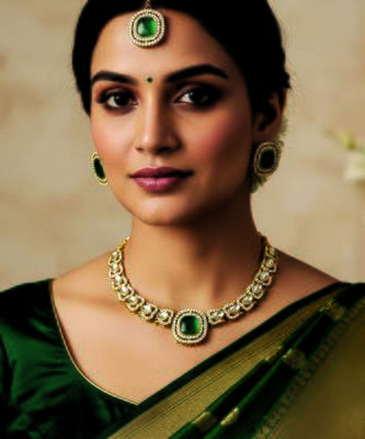 Gold plated traditional kundan-style necklace set with earrings & maangtikka 1