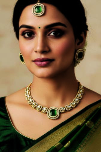 Gold plated traditional kundan-style necklace set with earrings & maangtikka