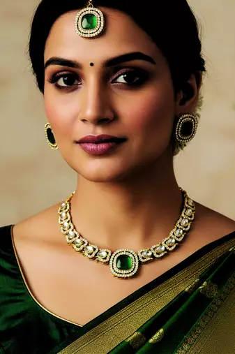 Gold plated traditional kundan-style necklace set with earrings & maangtikka