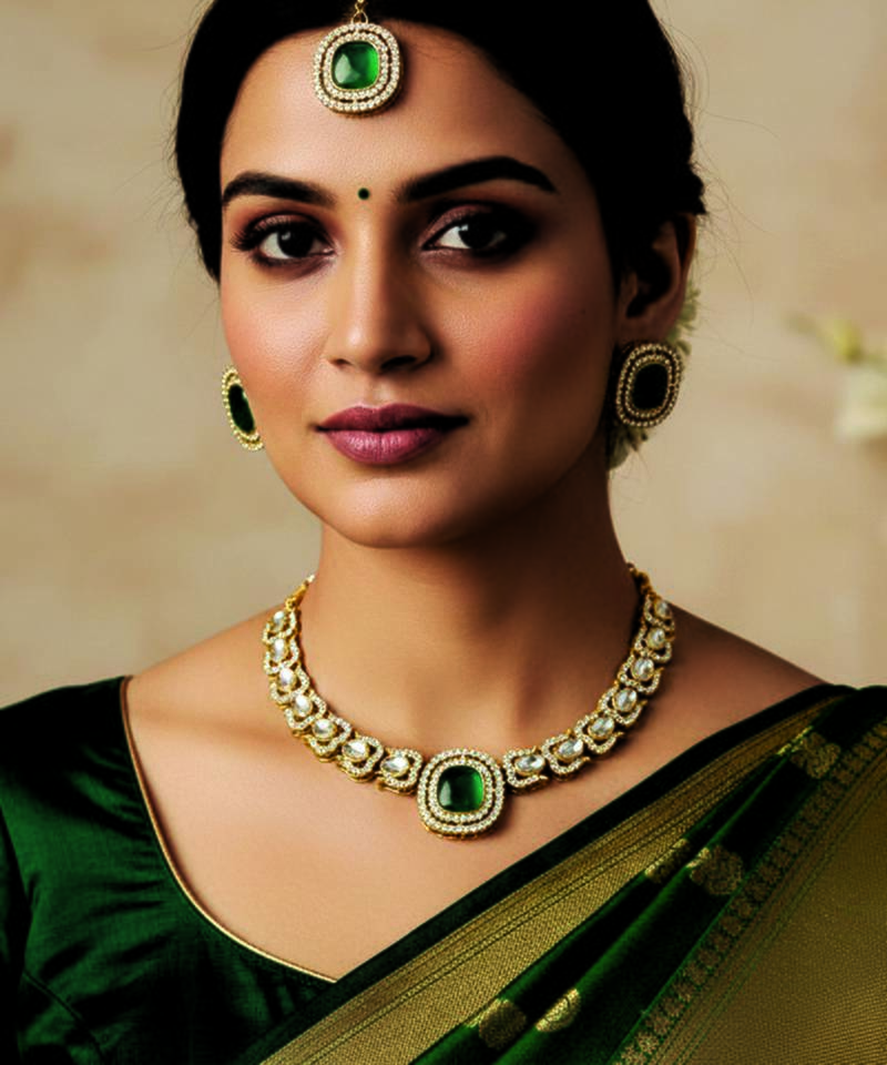 Gold plated traditional kundan-style necklace set with earrings & maangtikka