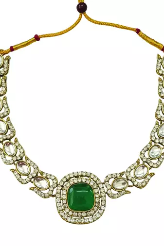 Gold plated traditional kundan-style necklace set with earrings & maangtikka