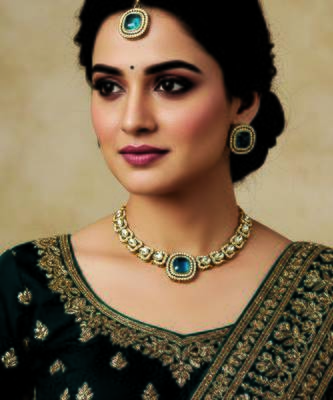 Gold plated traditional kundan-style necklace set with earrings & maangtikka 1