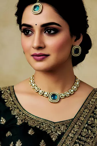 Gold plated traditional kundan-style necklace set with earrings & maangtikka