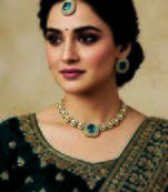 Gold plated traditional kundan-style necklace set with earrings & maangtikka