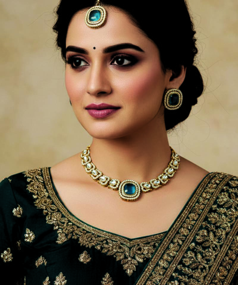 Gold plated traditional kundan-style necklace set with earrings & maangtikka