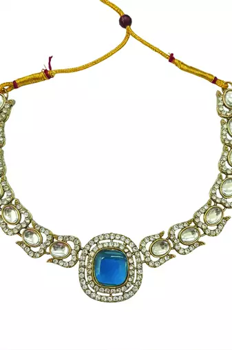 Gold plated traditional kundan-style necklace set with earrings & maangtikka