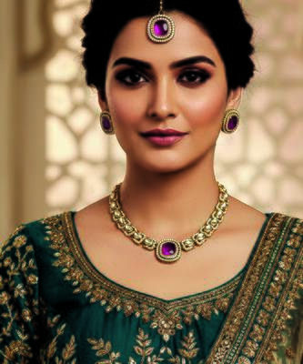 Gold plated traditional kundan-style necklace set with earrings & maangtikka 1