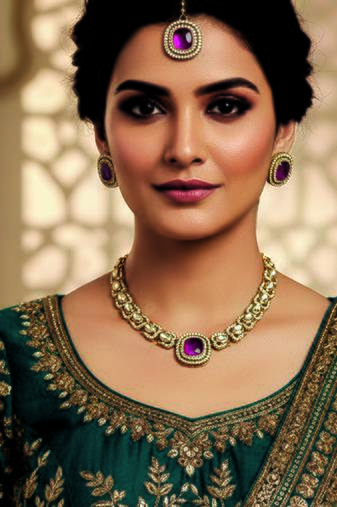 Gold plated traditional kundan-style necklace set with earrings & maangtikka